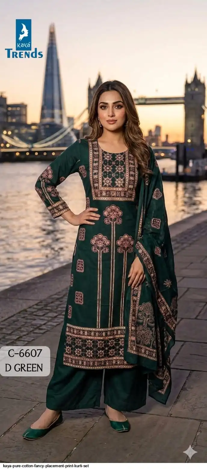KAYA PURE COTTON FANCY PLACEMENT PRINT KURTI SET 6607A