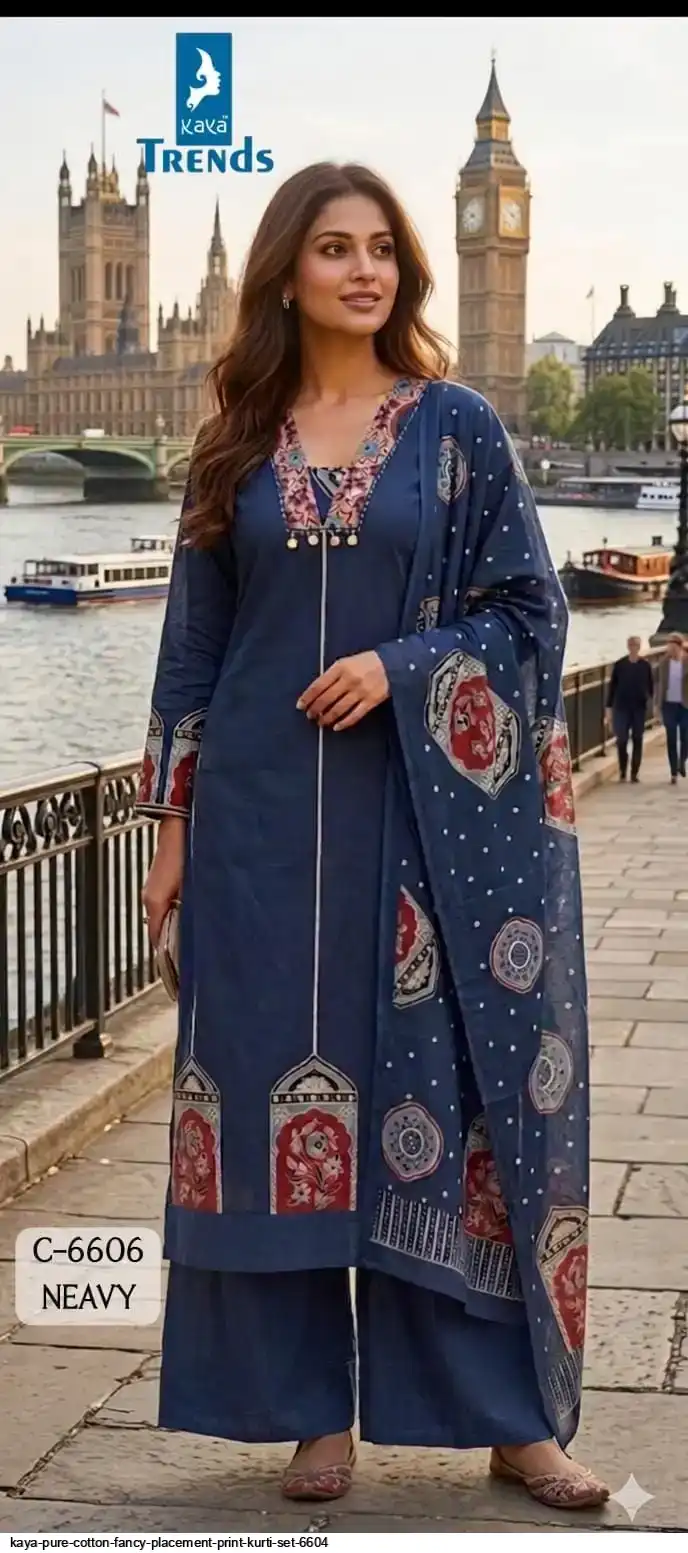 KAYA PURE COTTON FANCY PLACEMENT PRINT KURTI SET 6604
