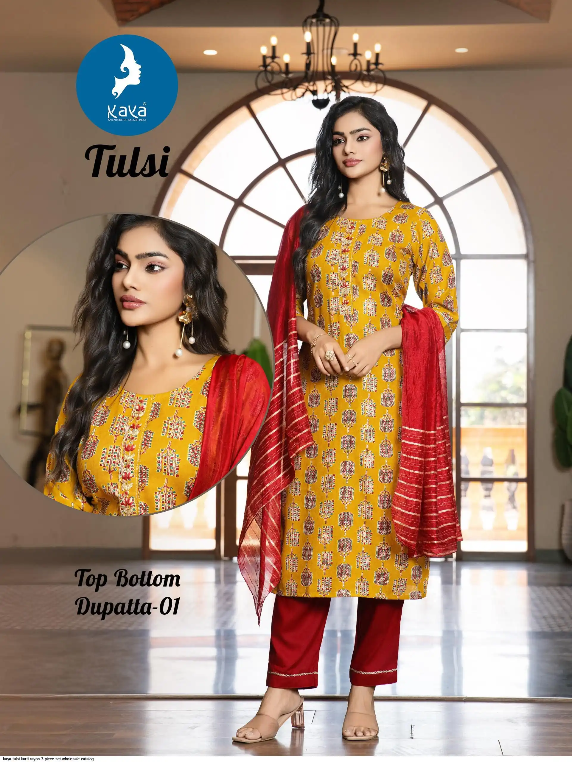 KAYA TULSI KURTI RAYON 3 PIECE SET WHOLESALE CATALOG 01