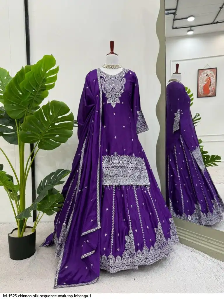 KD 1525 CHINNON SILK SEQUENCE WORK TOP LEHENGA 1