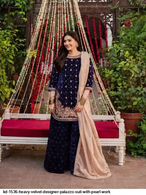 KD 1536 HEAVY VELVET DESIGNER PALAZZO SUIT WITH PEARL WORK F