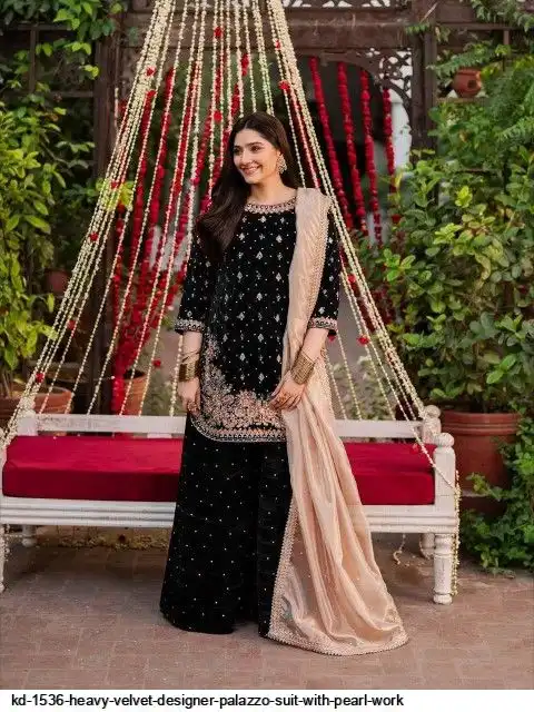 KD 1536 HEAVY VELVET DESIGNER PALAZZO SUIT WITH PEARL WORK D