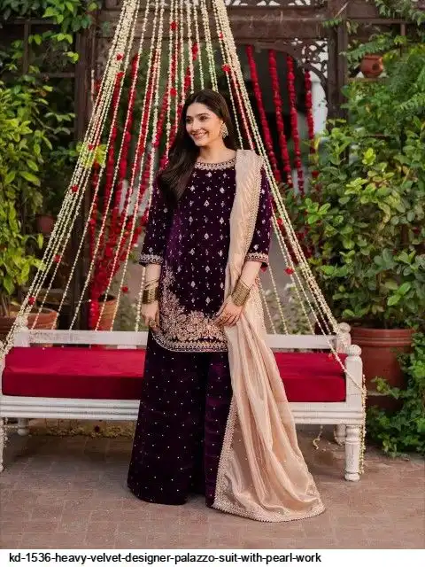 KD 1536 HEAVY VELVET DESIGNER PALAZZO SUIT WITH PEARL WORK C