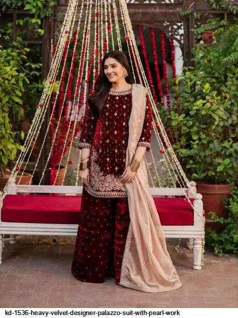 KD 1536 HEAVY VELVET DESIGNER PALAZZO SUIT WITH PEARL WORK A