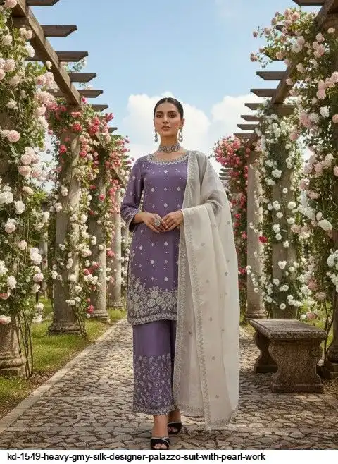 KD 1549 HEAVY GMY SILK DESIGNER PALAZZO SUIT WITH PEARL WORK B