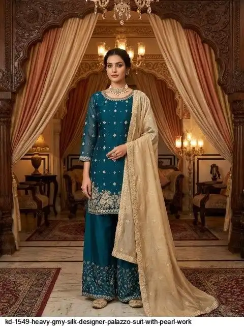 KD 1549 HEAVY GMY SILK DESIGNER PALAZZO SUIT WITH PEARL WORK D