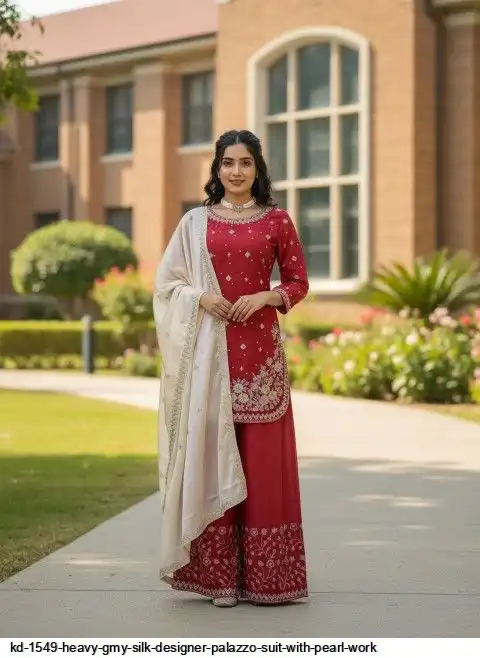 KD 1549 HEAVY GMY SILK DESIGNER PALAZZO SUIT WITH PEARL WORK C