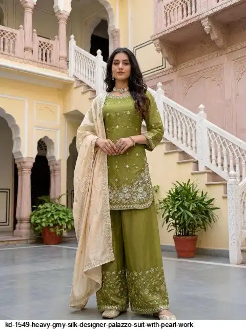 KD 1549 HEAVY GMY SILK DESIGNER PALAZZO SUIT WITH PEARL WORK A