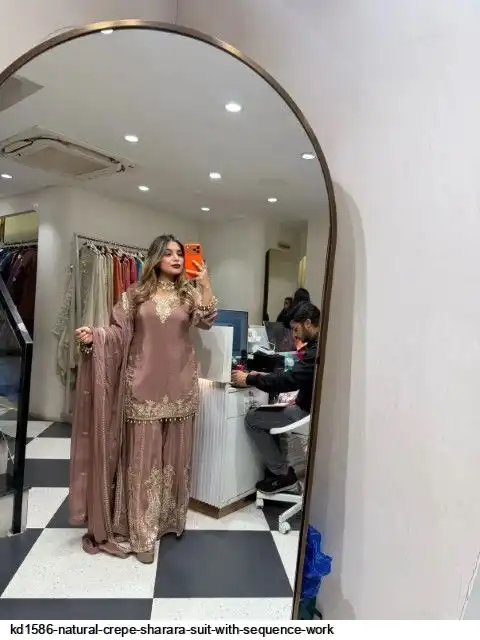 KD1586 NATURAL CREPE SHARARA SUIT WITH SEQUENCE WORK B