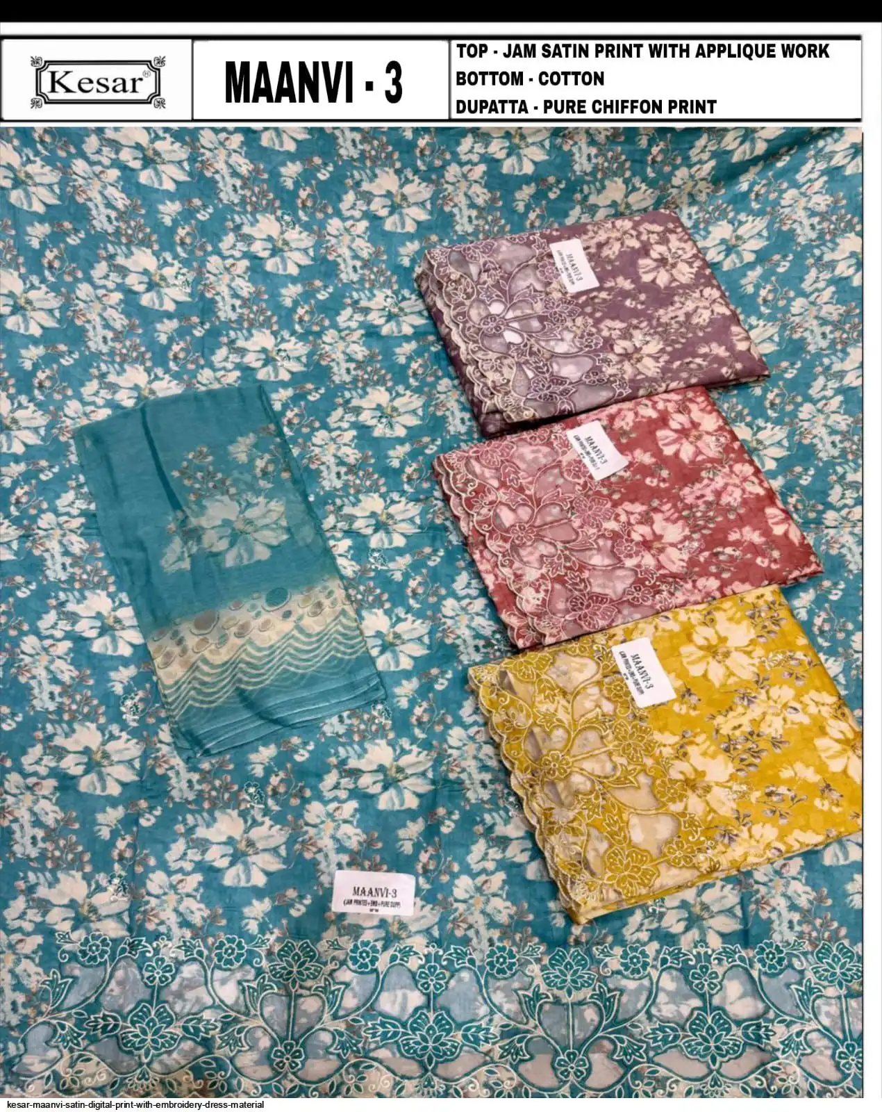 KESAR MAANVI SATIN DIGITAL PRINT WITH EMBROIDERY DRESS MATERIAL 3