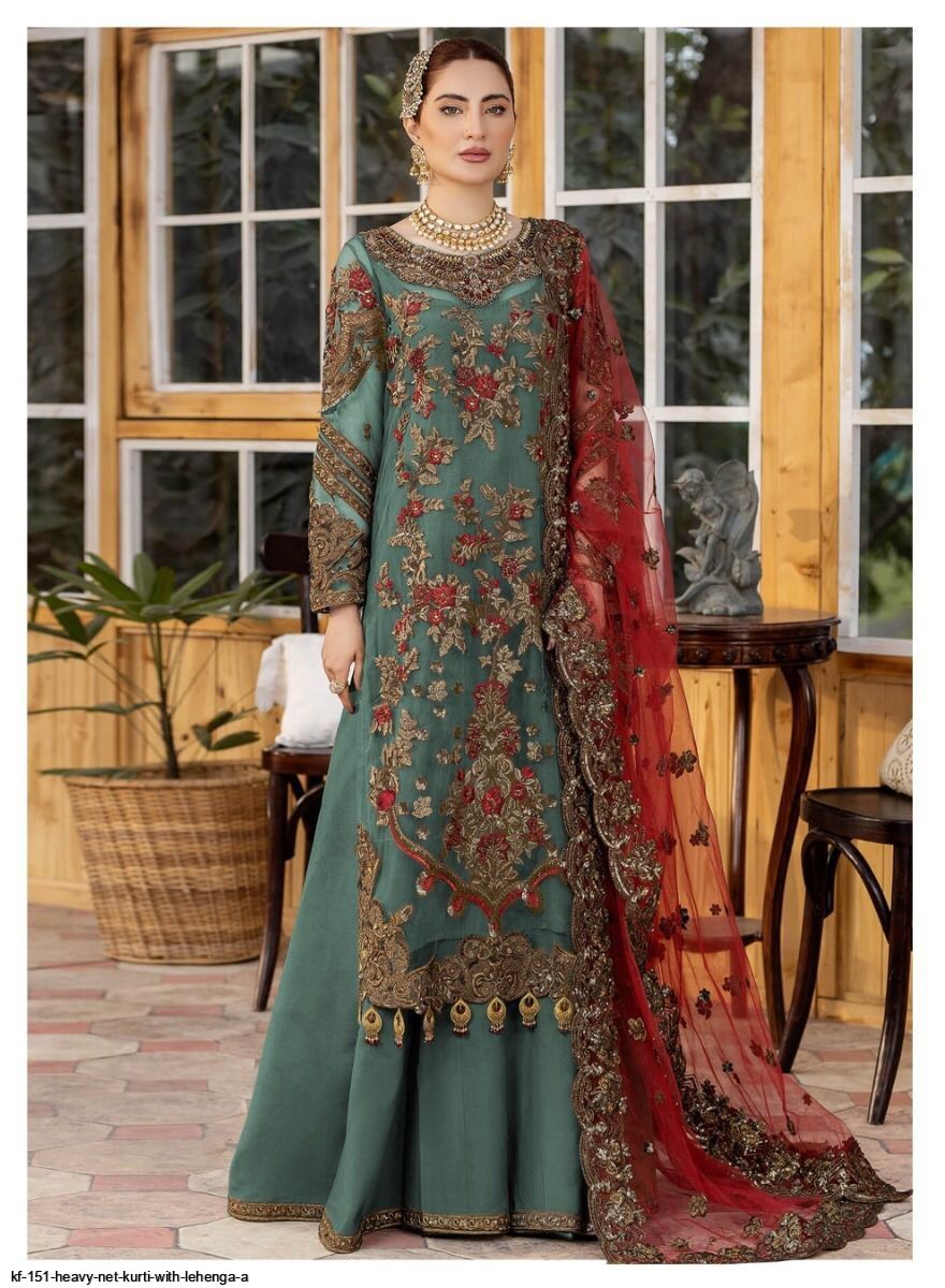 Black Partywear Embroidered Butterfly Net Kurti Palazzo Suit