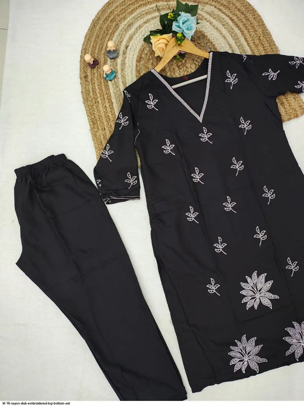 KF 16 RAYON SLUB EMBROIDERED TOP BOTTOM SET A