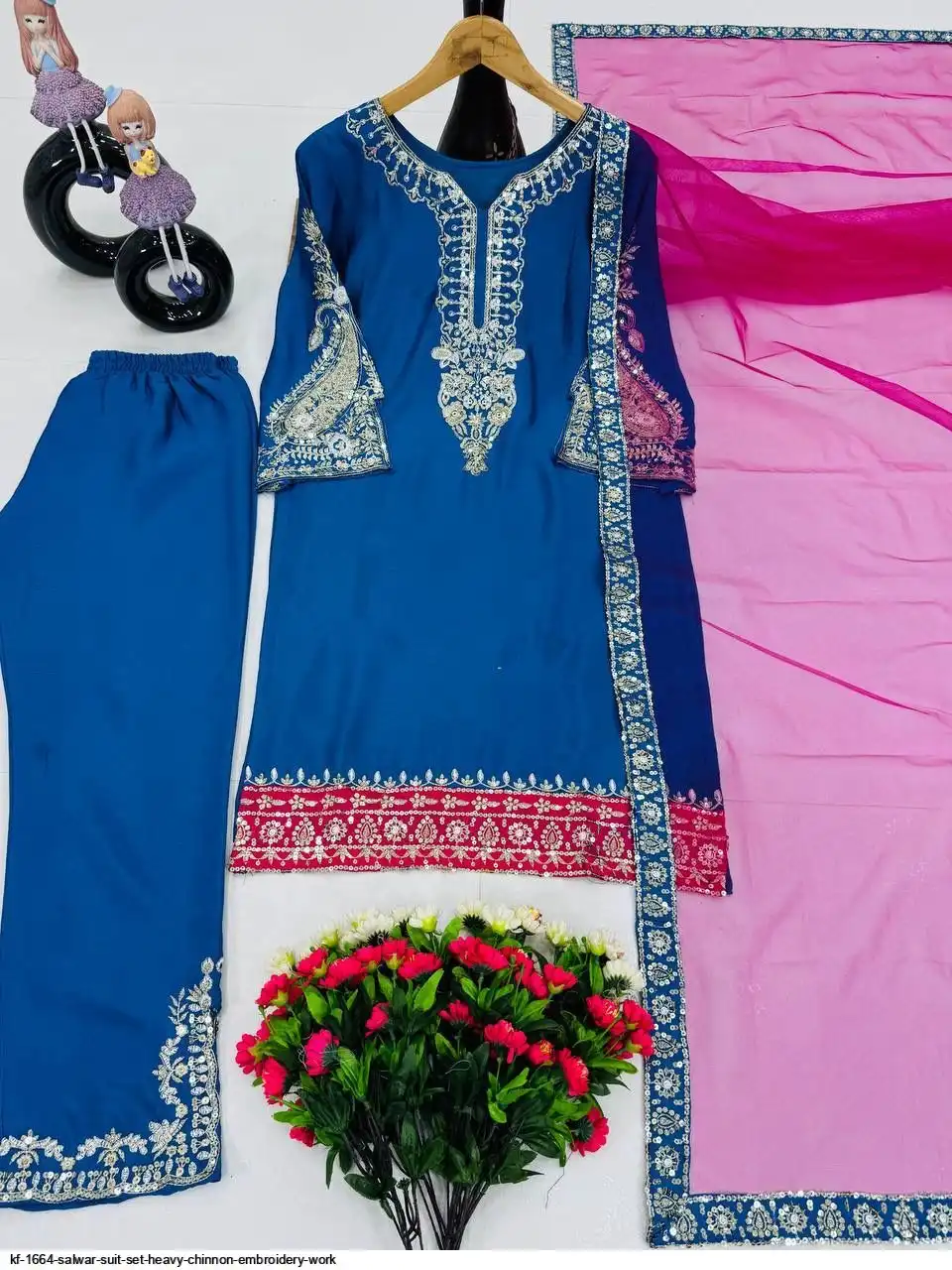 KF 1664 SALWAR SUIT SET HEAVY CHINNON EMBROIDERY WORK A