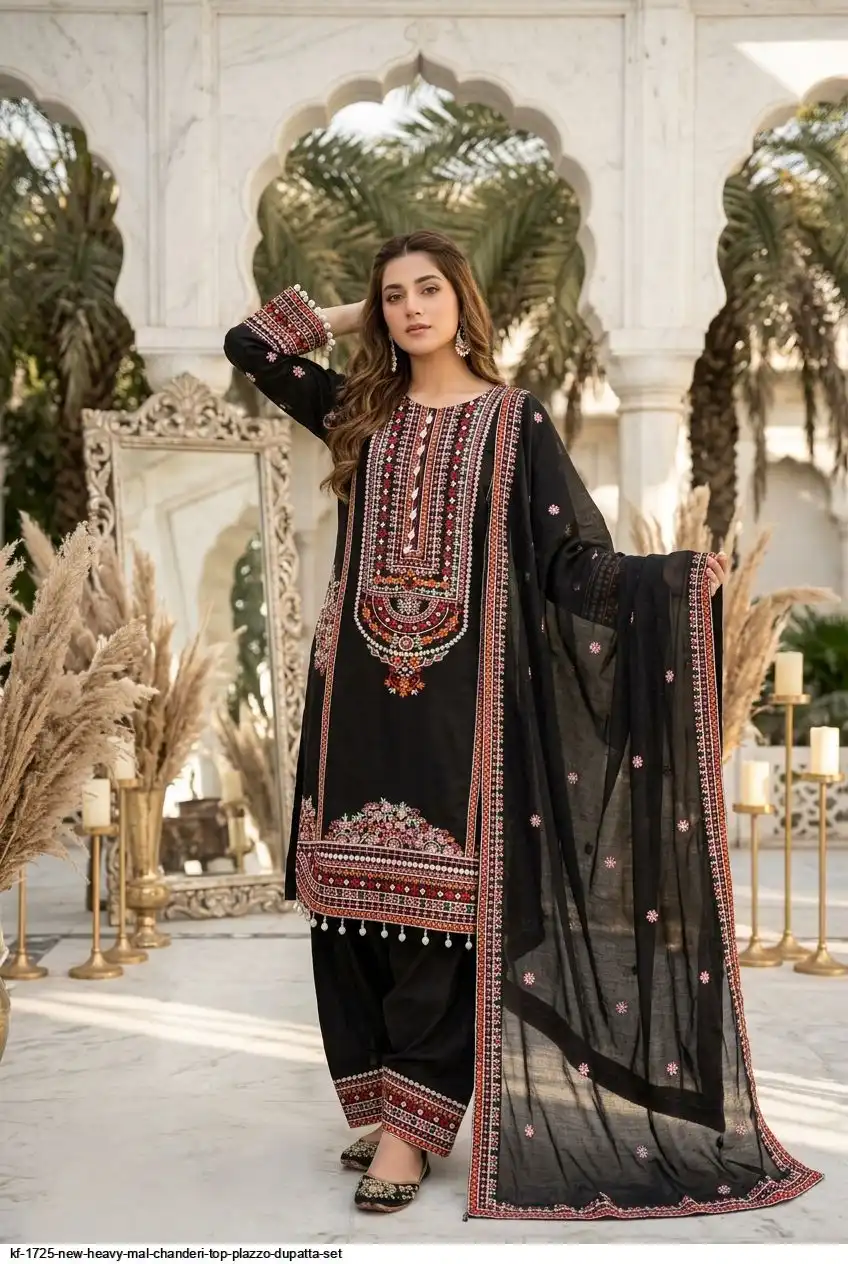 KF 1725 NEW HEAVY MAL CHANDERI TOP PLAZZO DUPATTA SET 1