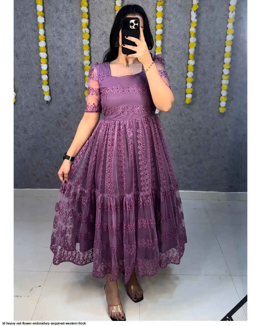 KF HEAVY NET FLOWER EMBROIDERY SEQUINED GOWN C