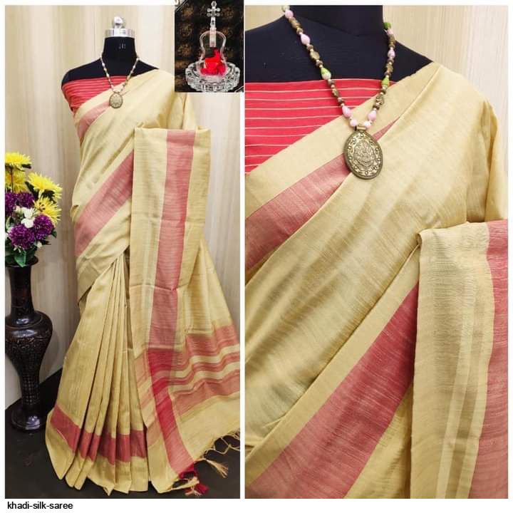 Beige plain khadi saree with blouse - DIVAASTHA - 3379073