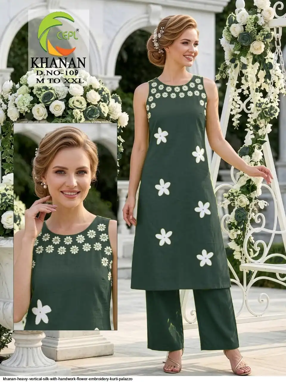 KHANAN HEAVY VERTICAL SILK WITH HANDWORK FLOWER EMBROIDERY KURTI PALAZZO 109