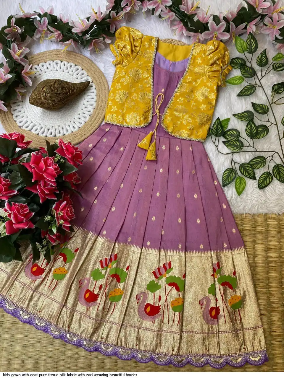 KIDS GOWN WITH COAT PURE TISSUE SILK FABRIC WITH ZARI WEAVING BEAUTIFUL BORDER 3
