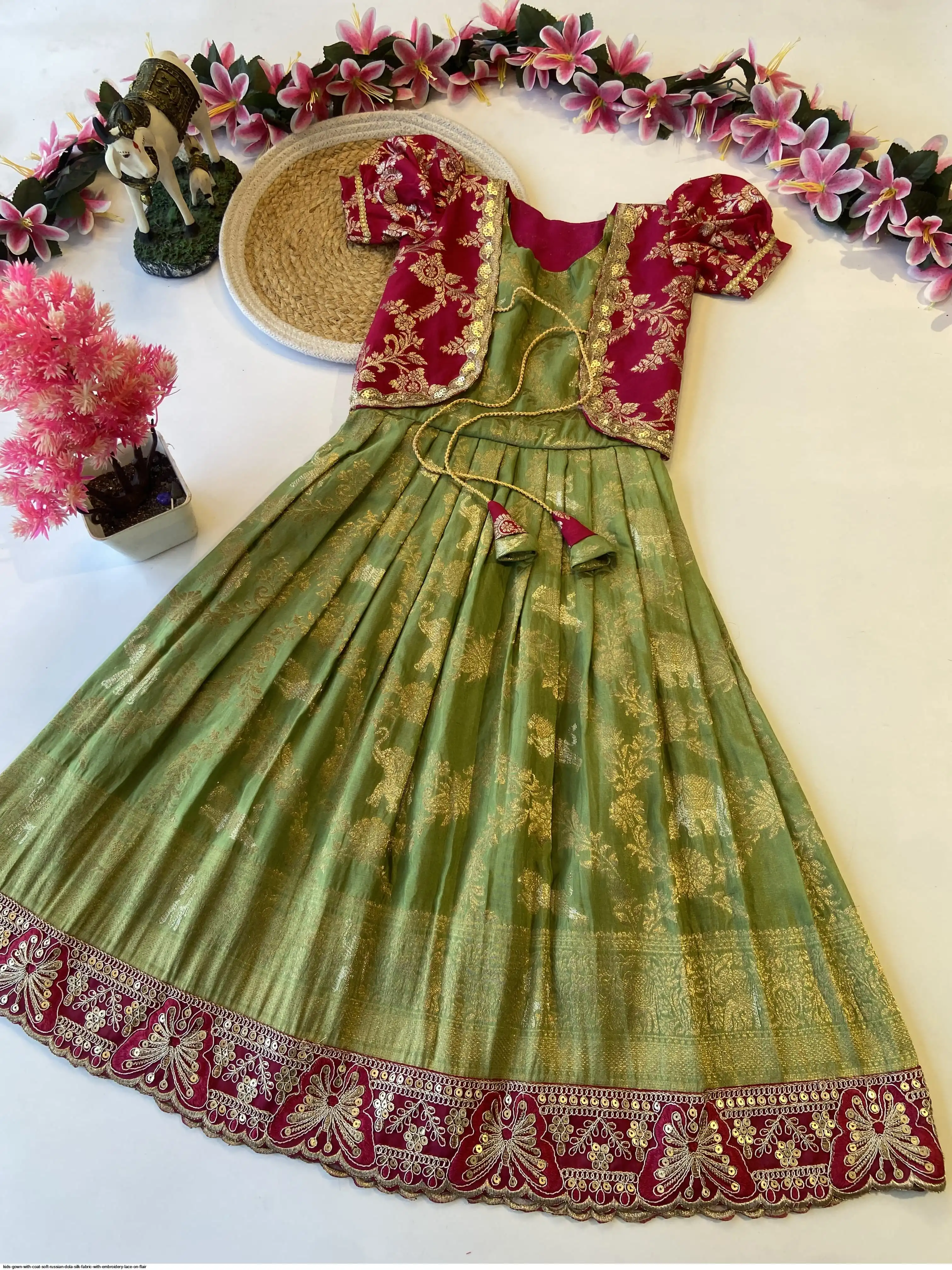 KIDS GOWN WITH COAT SOFT RUSSIAN DOLA SILK FABRIC WITH EMBROIDERY LACE ON FLAIR 2