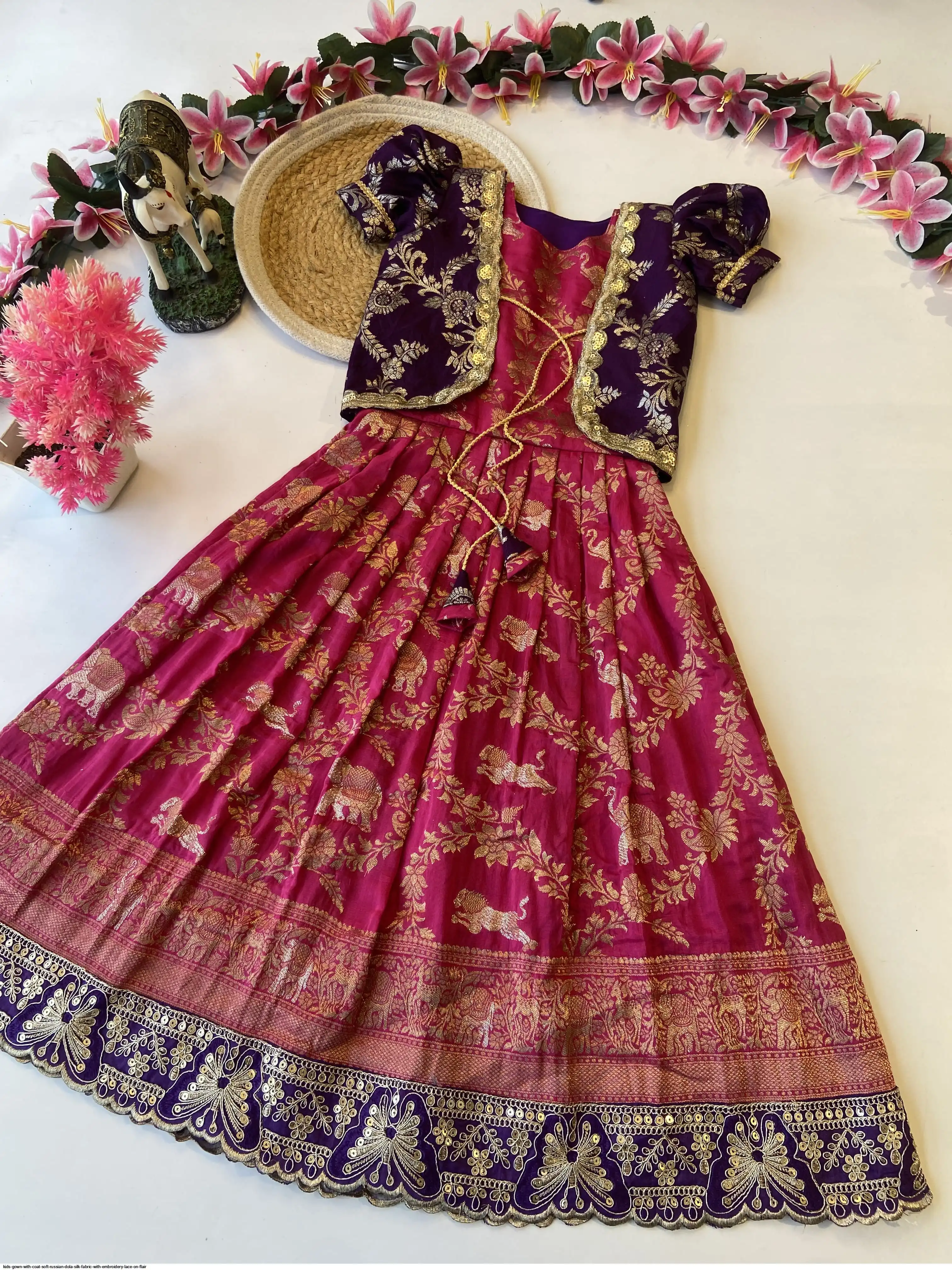 KIDS GOWN WITH COAT SOFT RUSSIAN DOLA SILK FABRIC WITH EMBROIDERY LACE ON FLAIR 4