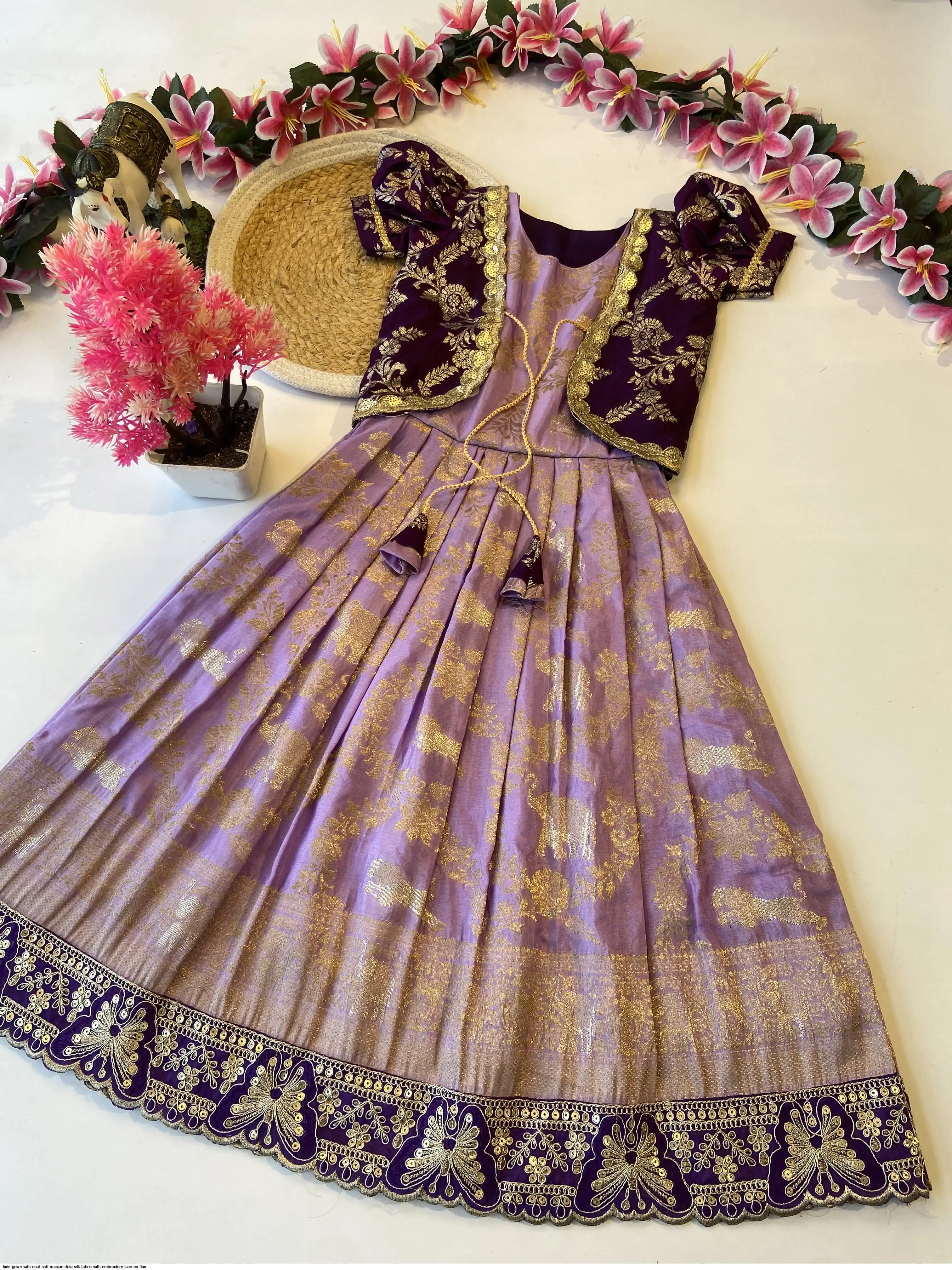 KIDS GOWN WITH COAT SOFT RUSSIAN DOLA SILK FABRIC WITH EMBROIDERY LACE ON FLAIR 3
