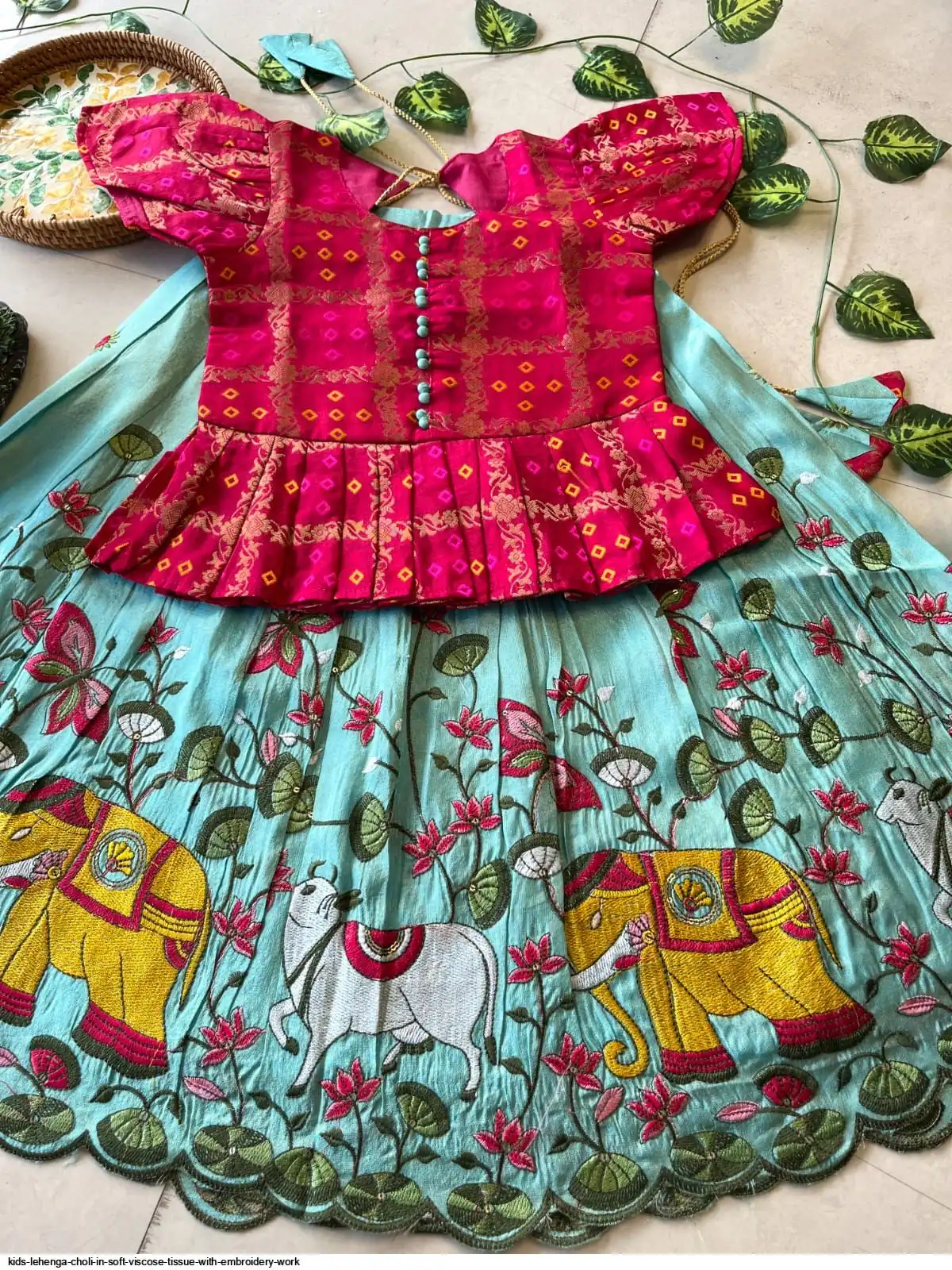 KIDS LEHENGA CHOLI IN SOFT VISCOSE TISSUE WITH EMBROIDERY WORK E