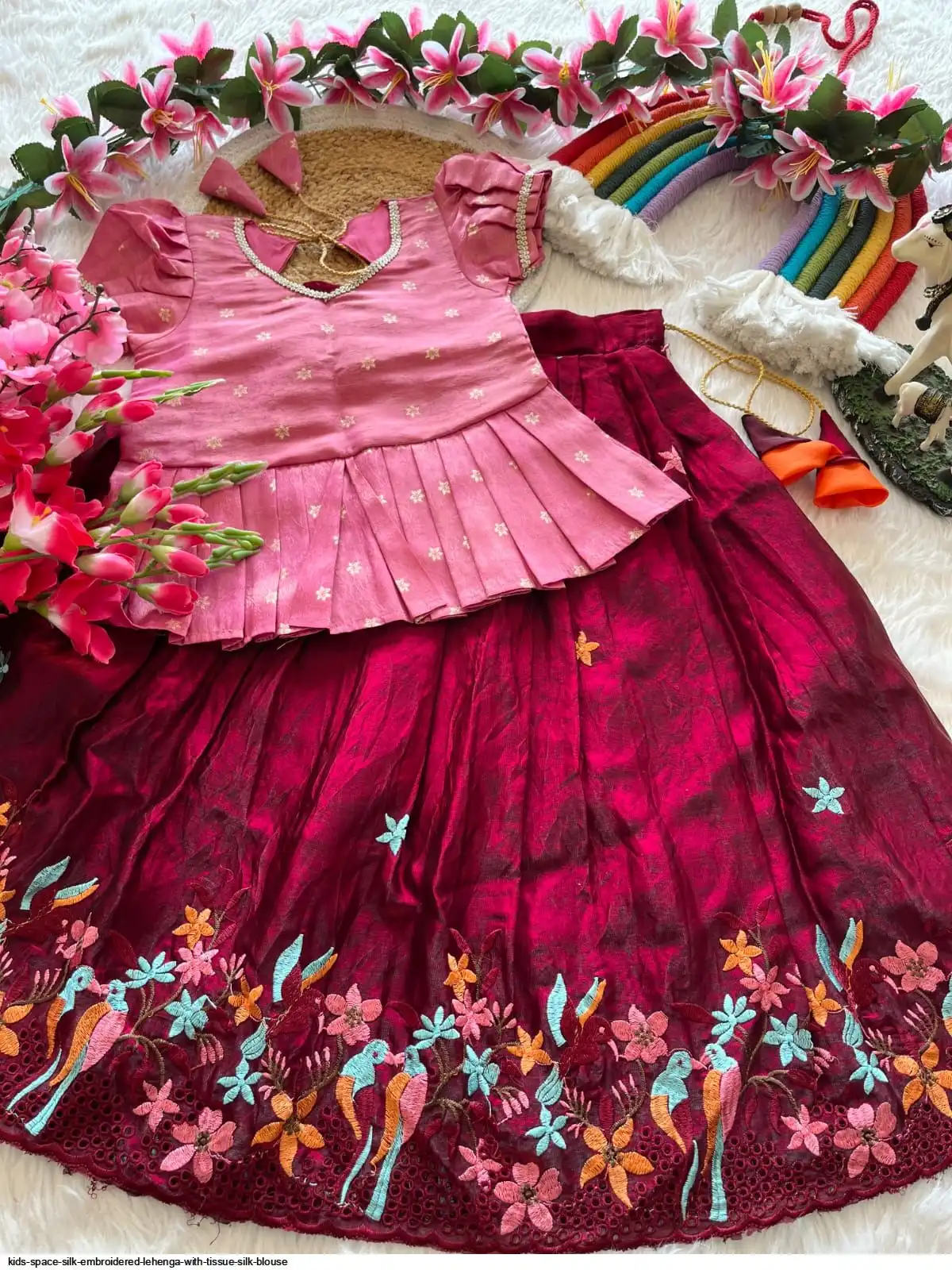 KIDS SPACE SILK EMBROIDERED LEHENGA WITH TISSUE SILK BLOUSE A