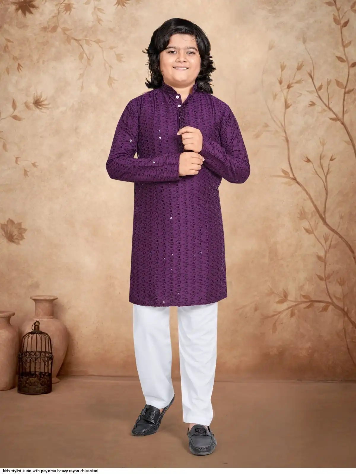 KIDS STYLIST KURTA WITH PAYJAMA HEAVY RAYON CHIKANKARI 9