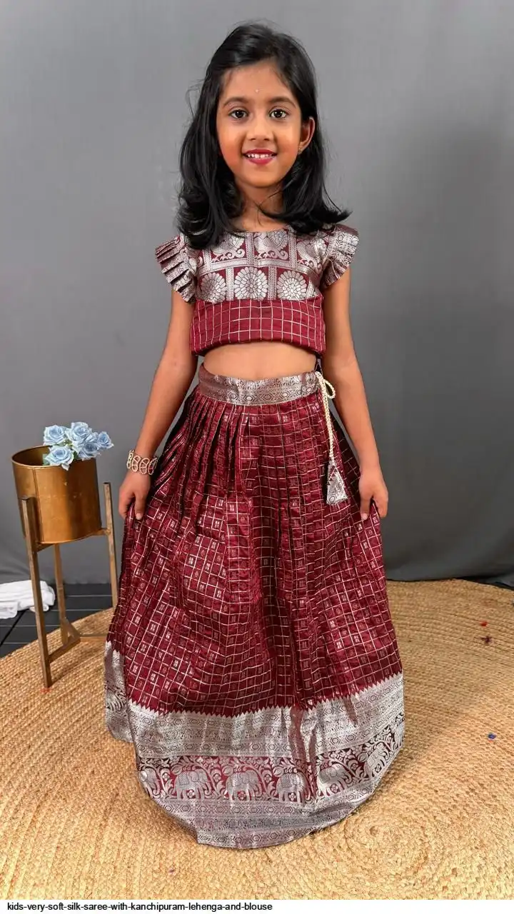 KIDS VERY SOFT SILK SAREE WITH KANCHIPURAM LEHENGA AND BLOUSE 4