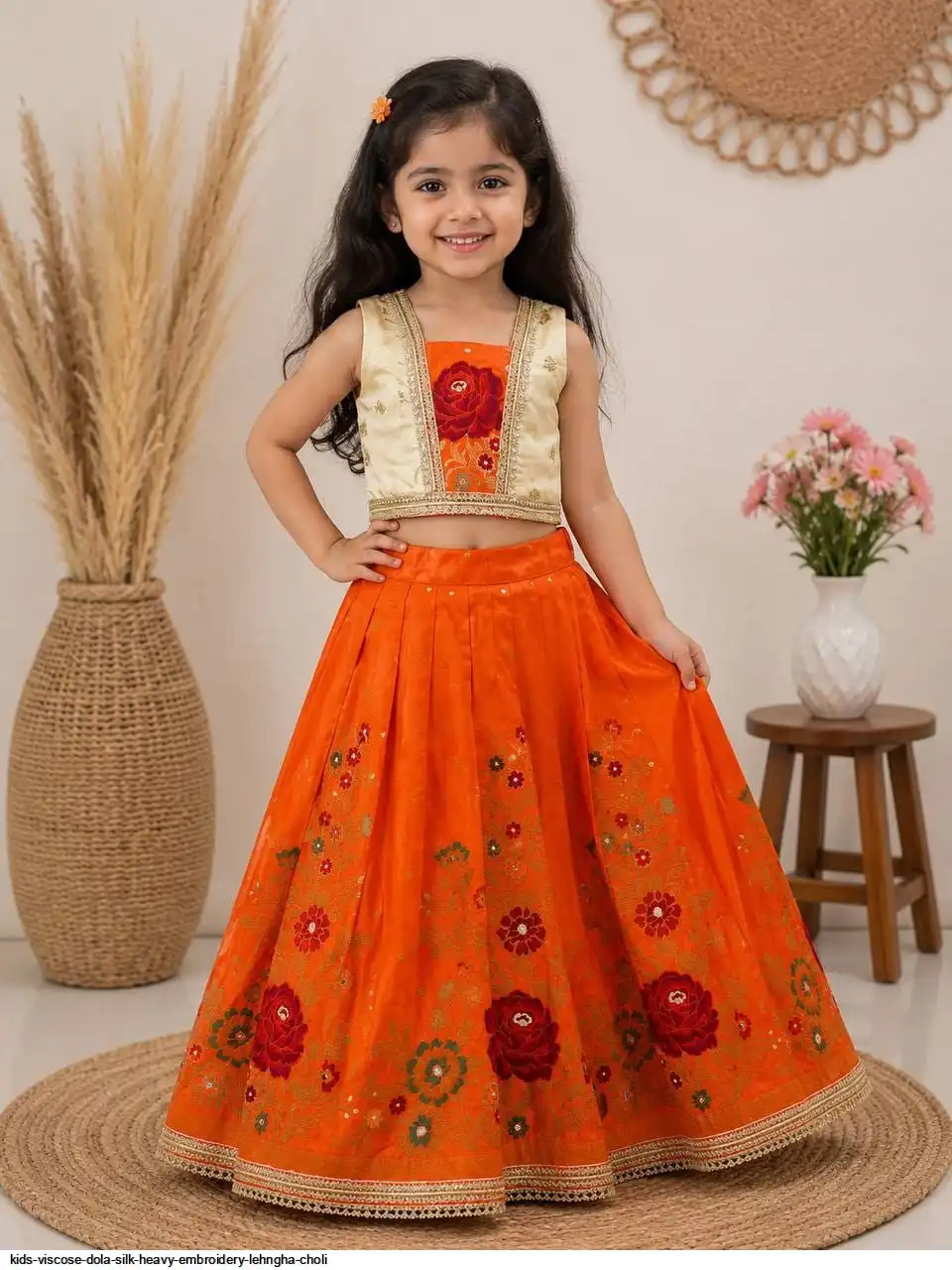 KIDS VISCOSE DOLA SILK HEAVY EMBROIDERY LEHNGHA CHOLI 3