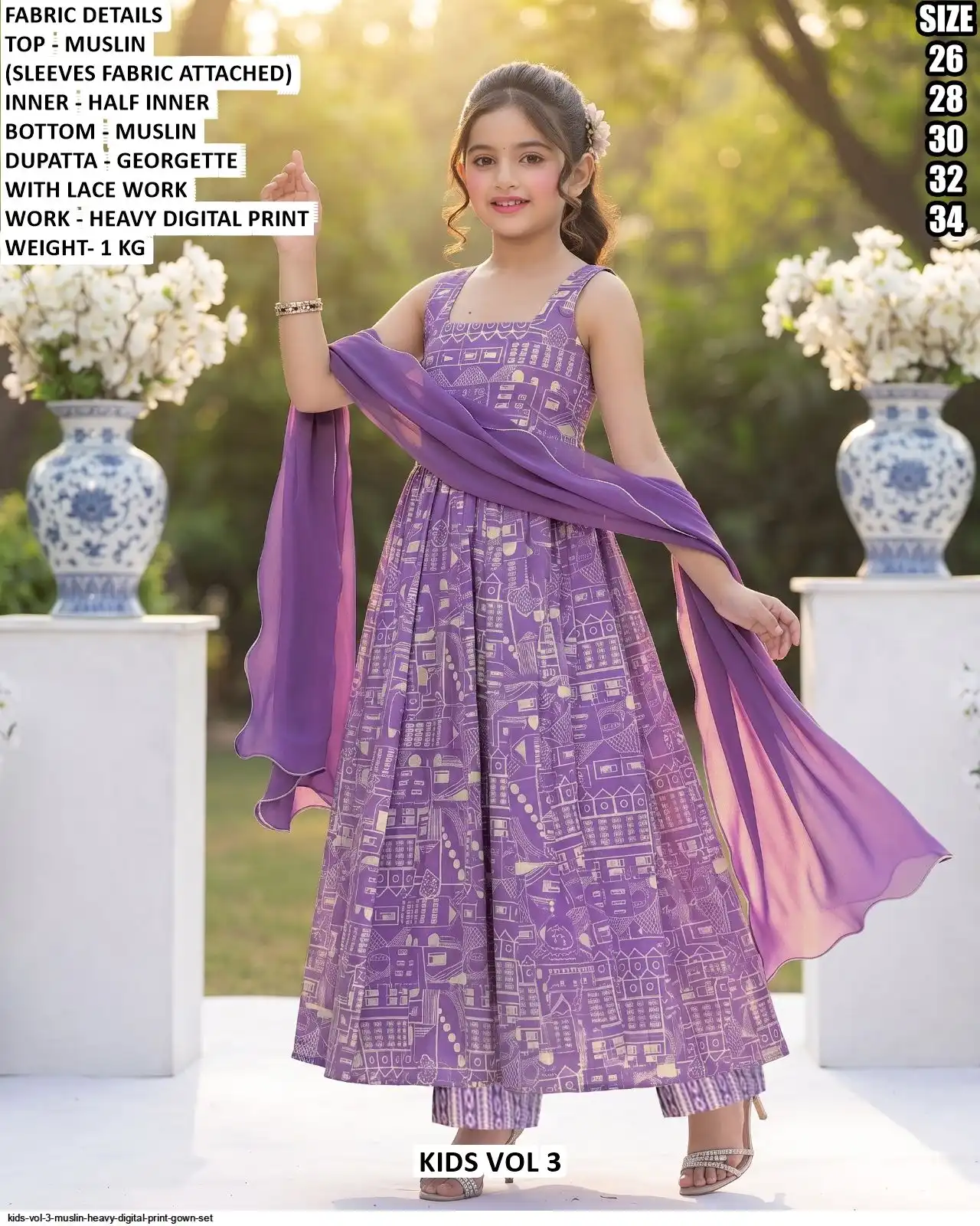 KIDS VOL 3 MUSLIN HEAVY DIGITAL PRINT GOWN SET C