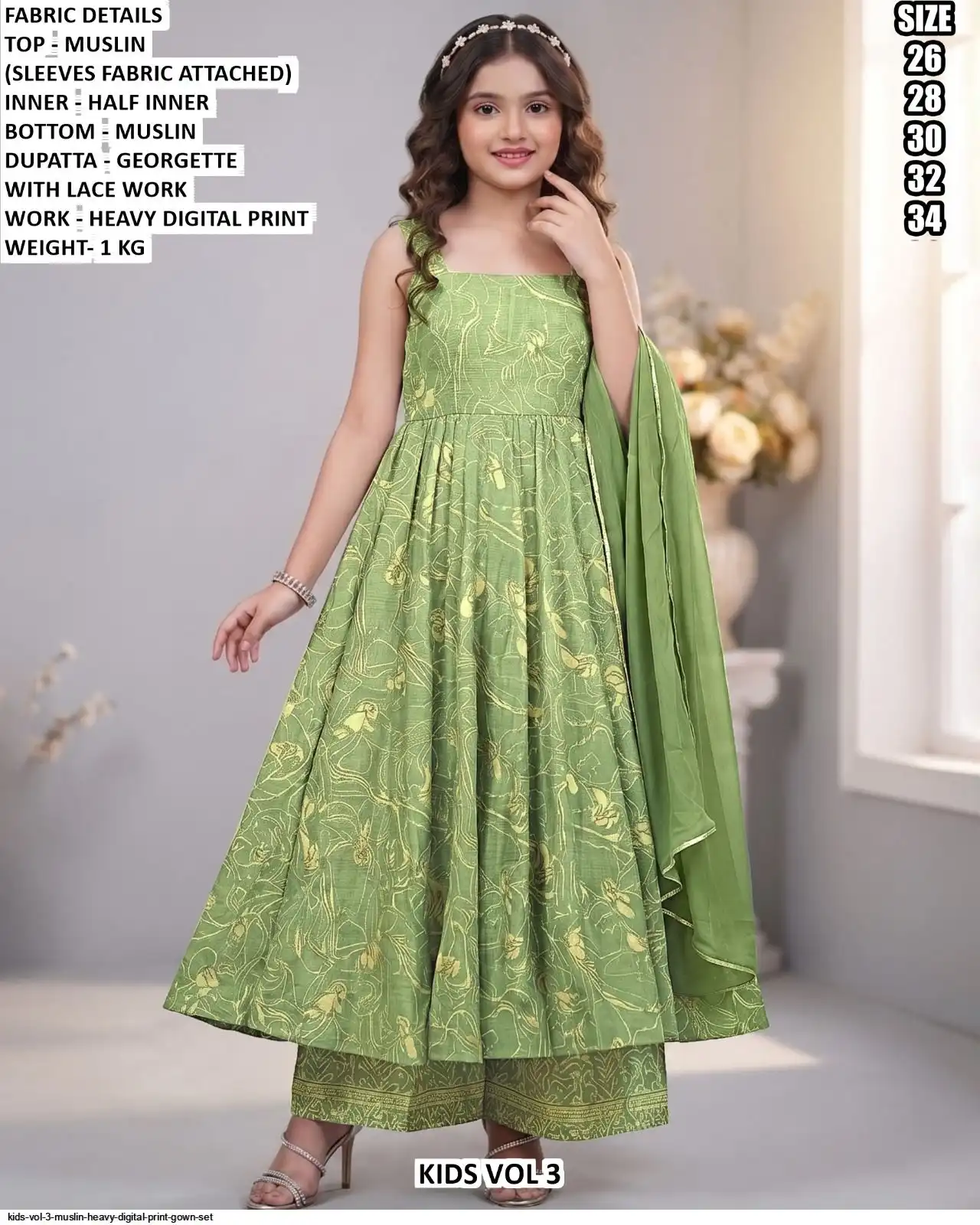 KIDS VOL 3 MUSLIN HEAVY DIGITAL PRINT GOWN SET A