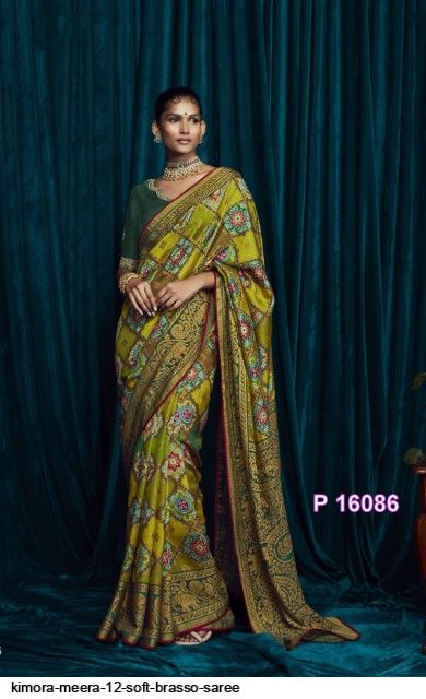 Parrot Green And Yellow Woven Brasso Saree – Rushini