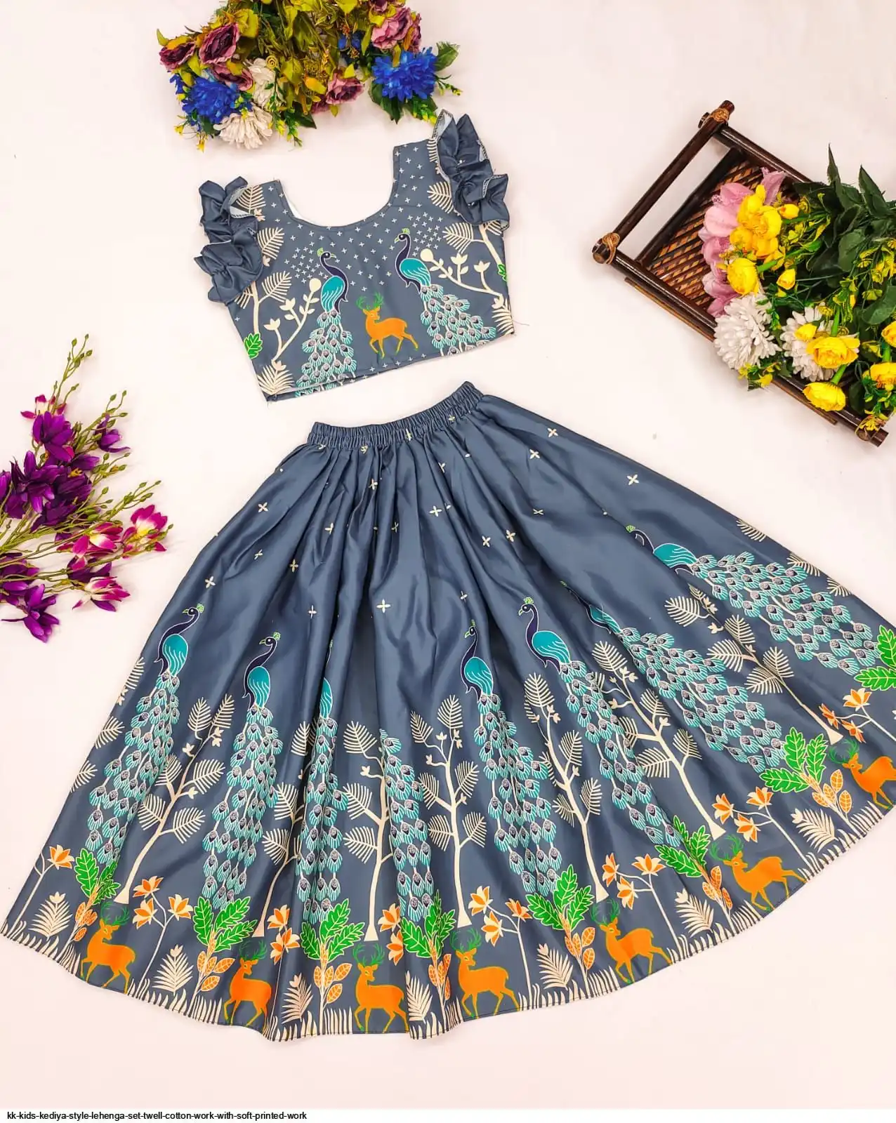 KK KIDS KEDIYA STYLE LEHENGA SET TWELL COTTON WORK WITH SOFT PRINTED WORK 2