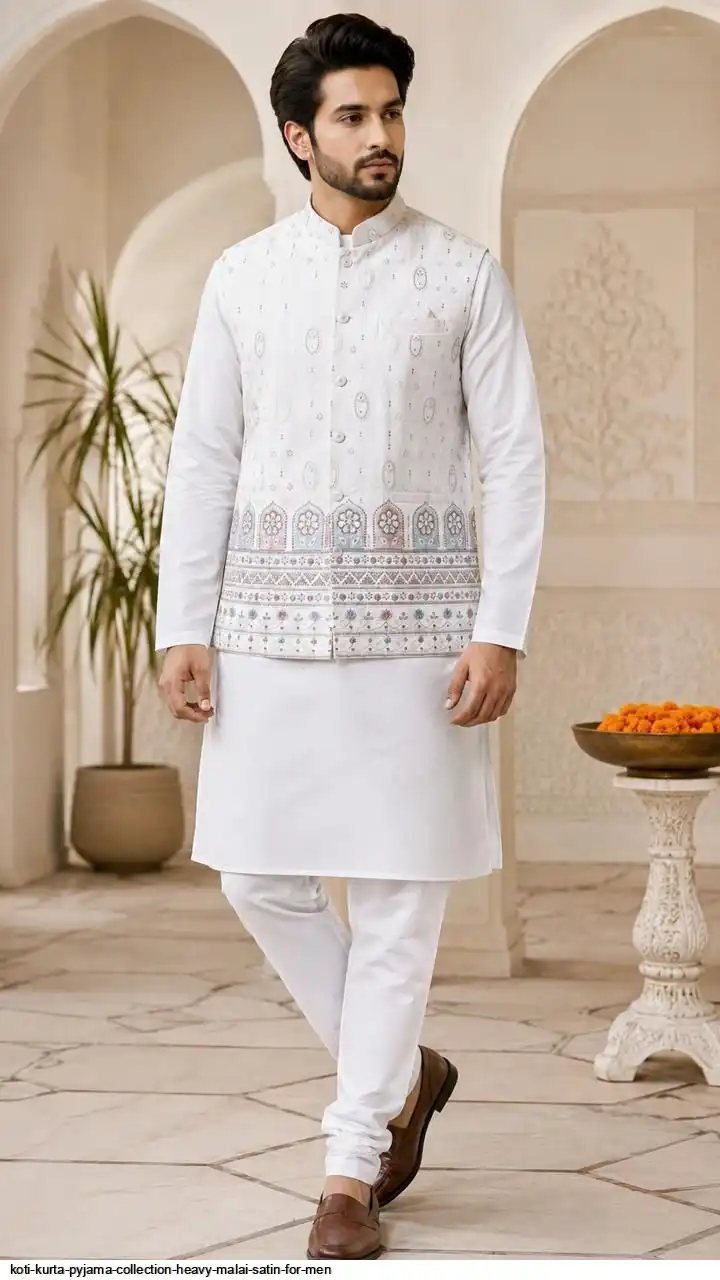 KOTI KURTA PYJAMA COLLECTION HEAVY MALAI SATIN FOR MEN 2