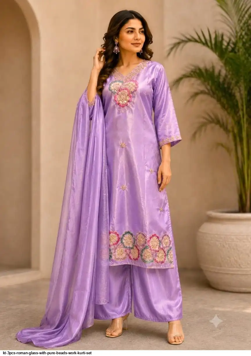 KT 3PCS ROMAN GLASS WITH PURE BEADS WORK KURTI SET C