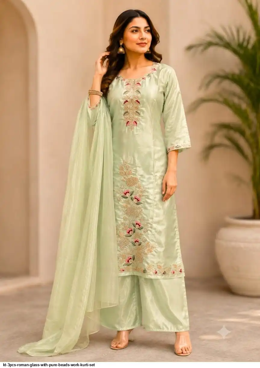 KT 3PCS ROMAN GLASS WITH PURE BEADS WORK KURTI SET B