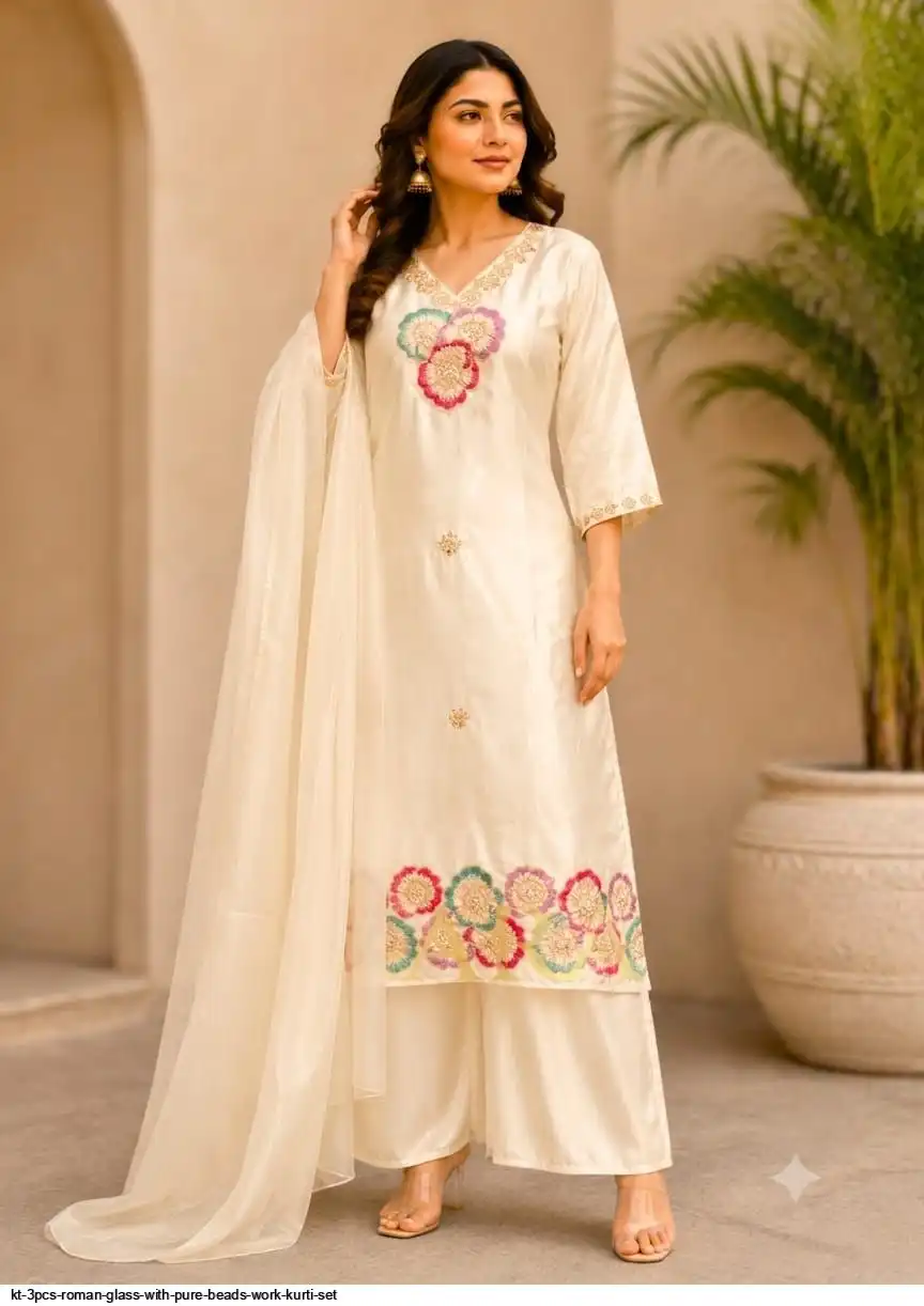 KT 3PCS ROMAN GLASS WITH PURE BEADS WORK KURTI SET D