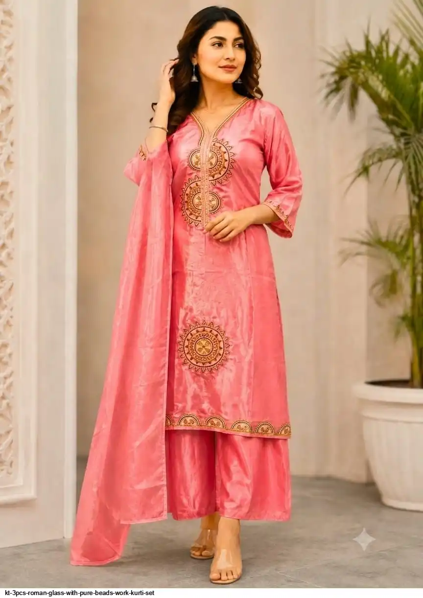 KT 3PCS ROMAN GLASS WITH PURE BEADS WORK KURTI SET A