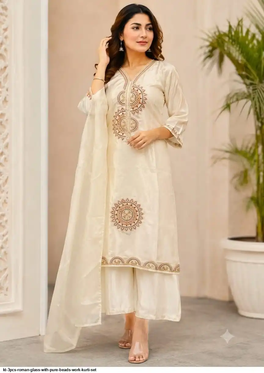 KT 3PCS ROMAN GLASS WITH PURE BEADS WORK KURTI SET F