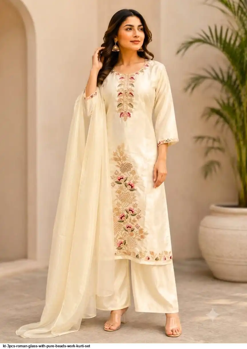 KT 3PCS ROMAN GLASS WITH PURE BEADS WORK KURTI SET E