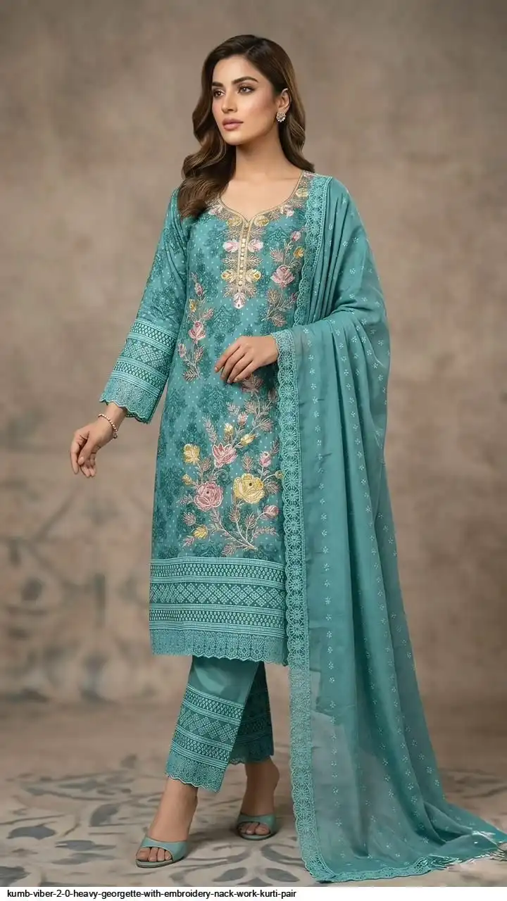 KUMB VIBER 2 0 HEAVY GEORGETTE WITH EMBROIDERY NACK WORK KURTI PAIR C