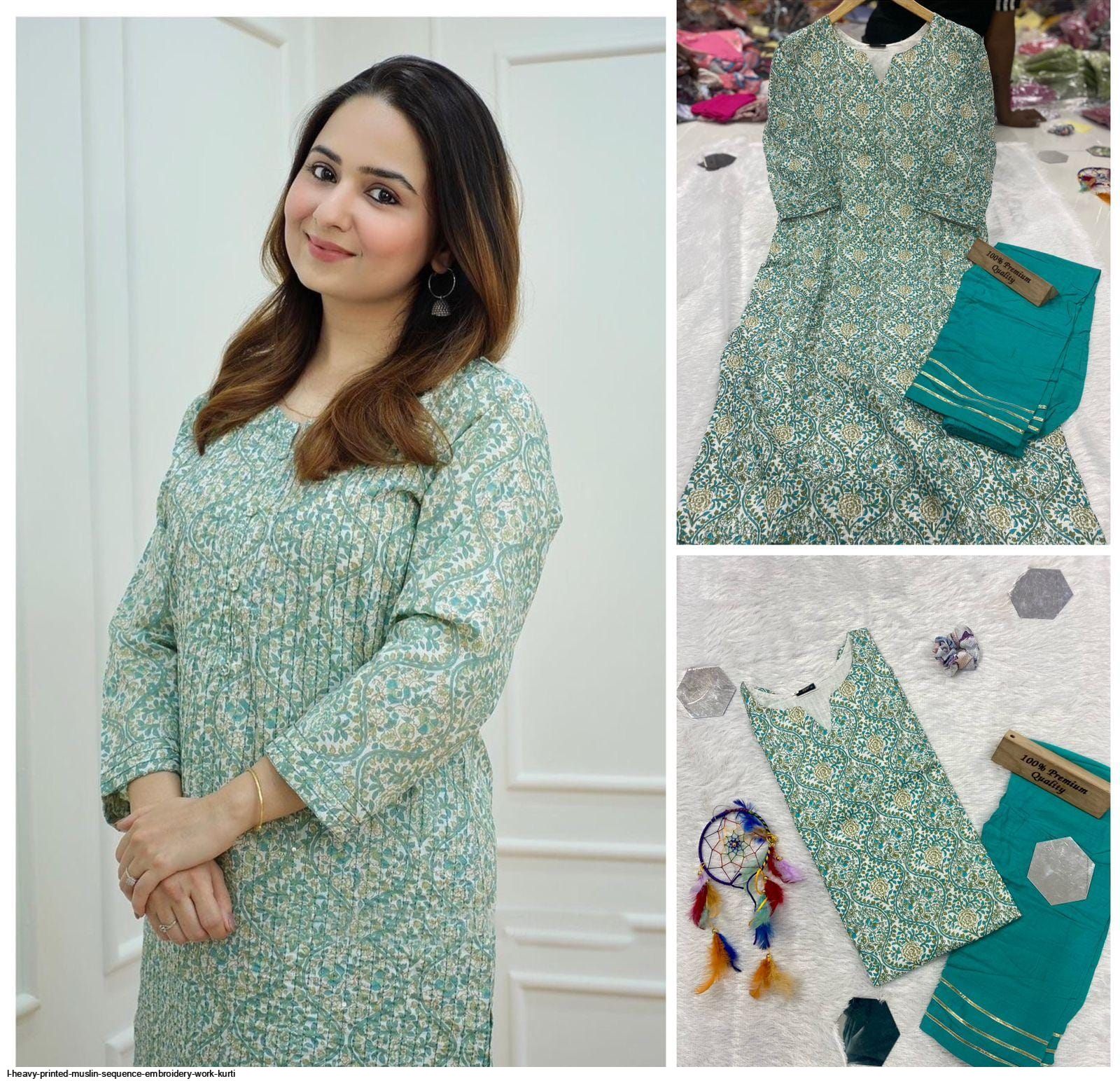 l Heavy printed muslin sequence Embroidery work kurti