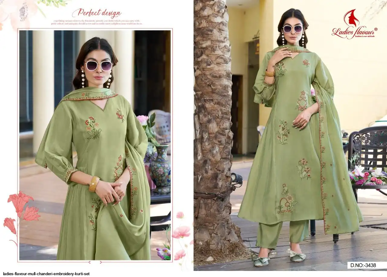 LADIES FLAVOUR MULL CHANDERI EMBROIDERY KURTI SET 3438