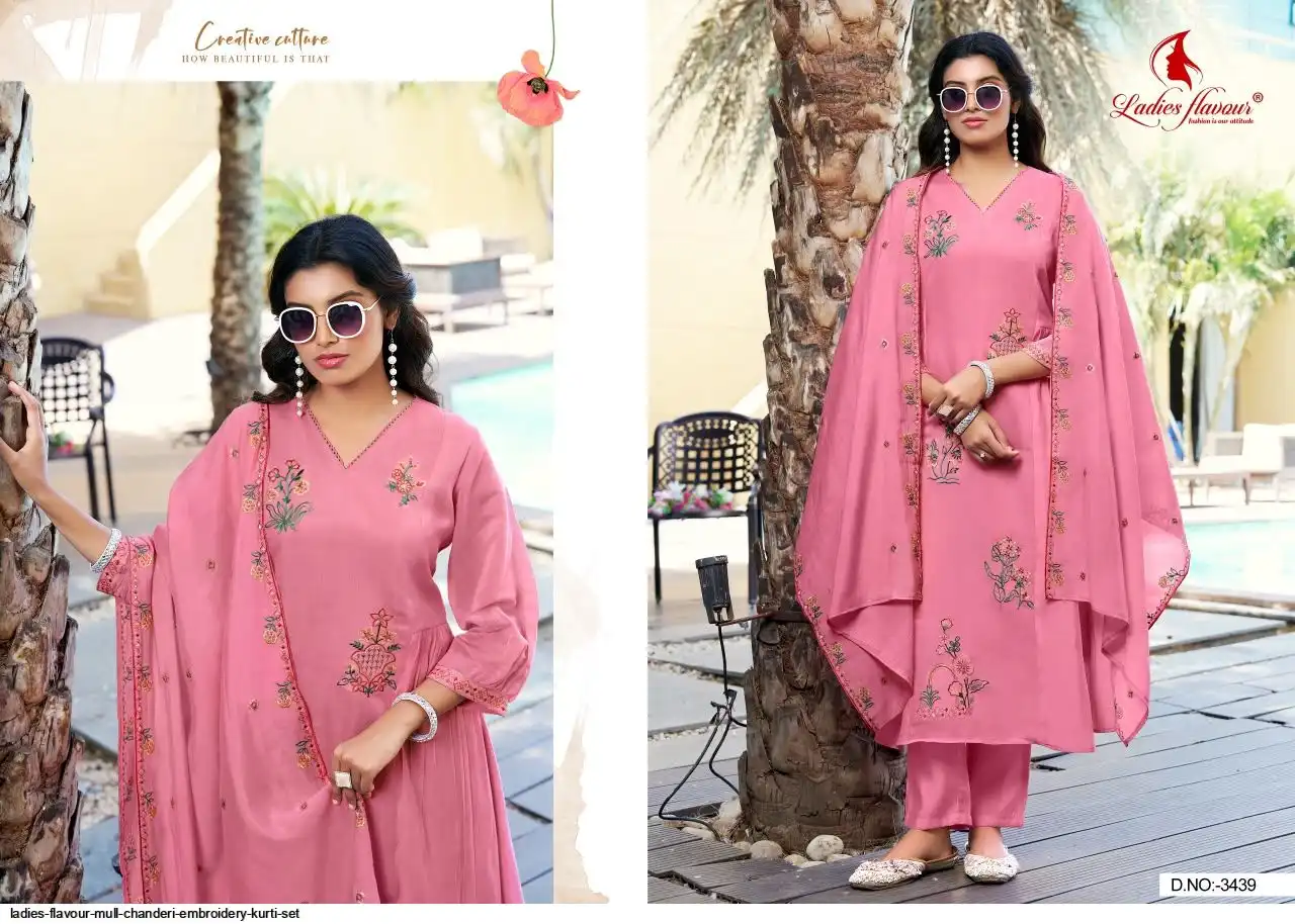 LADIES FLAVOUR MULL CHANDERI EMBROIDERY KURTI SET 3439