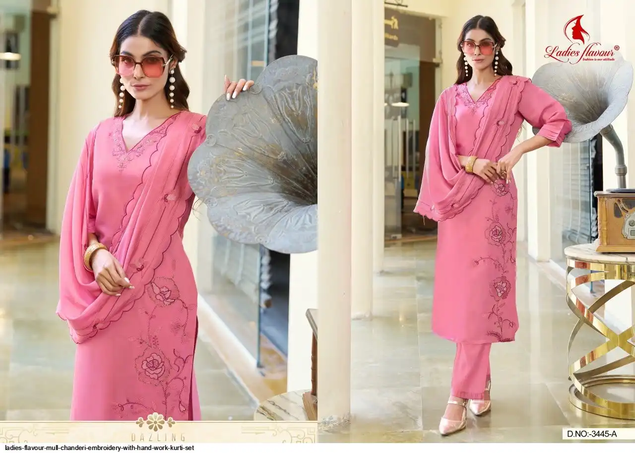 LADIES FLAVOUR MULL CHANDERI EMBROIDERY WITH HAND WORK KURTI SET 3445
