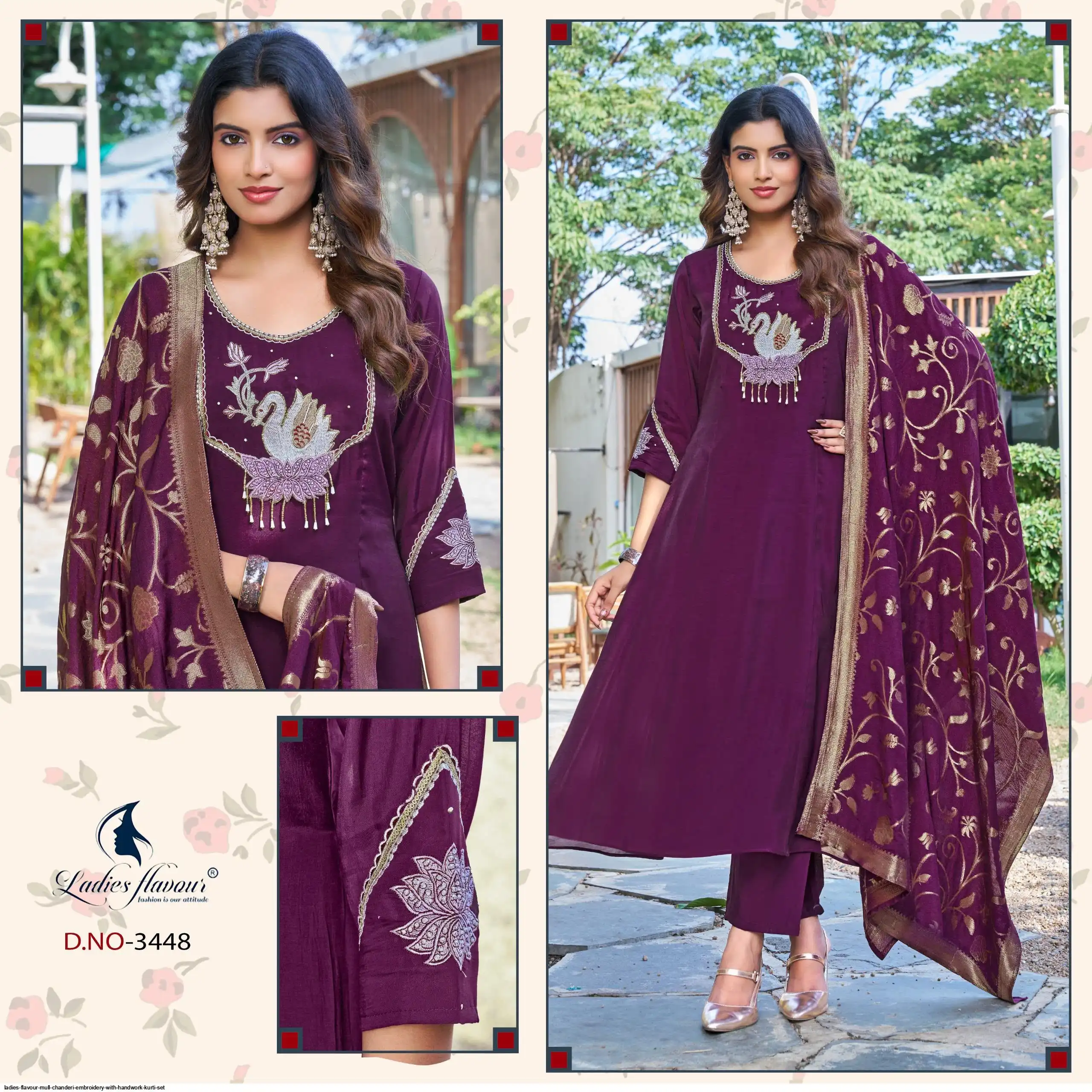 LADIES FLAVOUR MULL CHANDERI EMBROIDERY WITH HANDWORK KURTI SET 3448