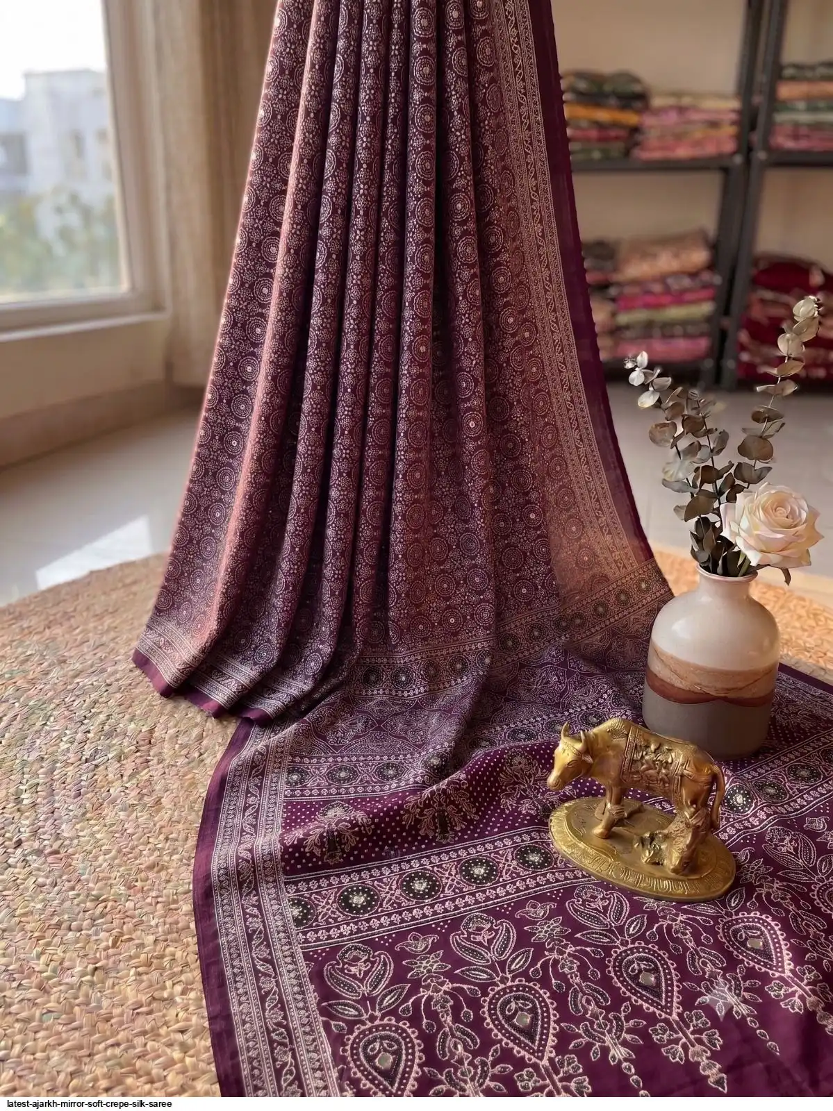 LATEST AJARKH MIRROR SOFT CREPE SILK SAREE 1