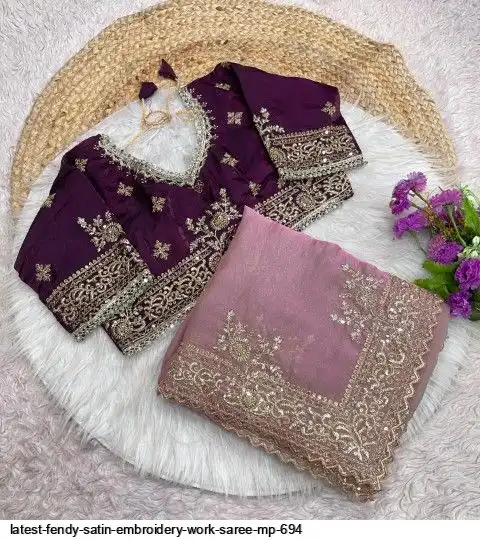 LATEST FENDY SATIN EMBROIDERY WORK SAREE MP 694 D
