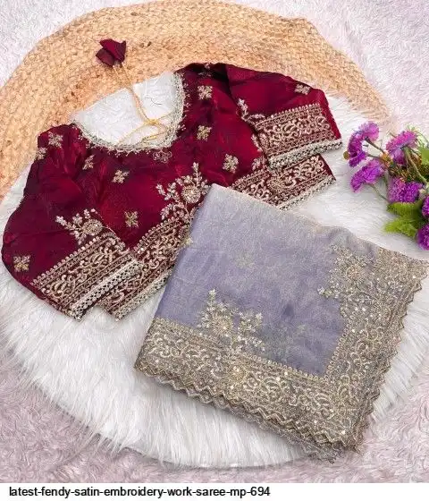 LATEST FENDY SATIN EMBROIDERY WORK SAREE MP 694 B